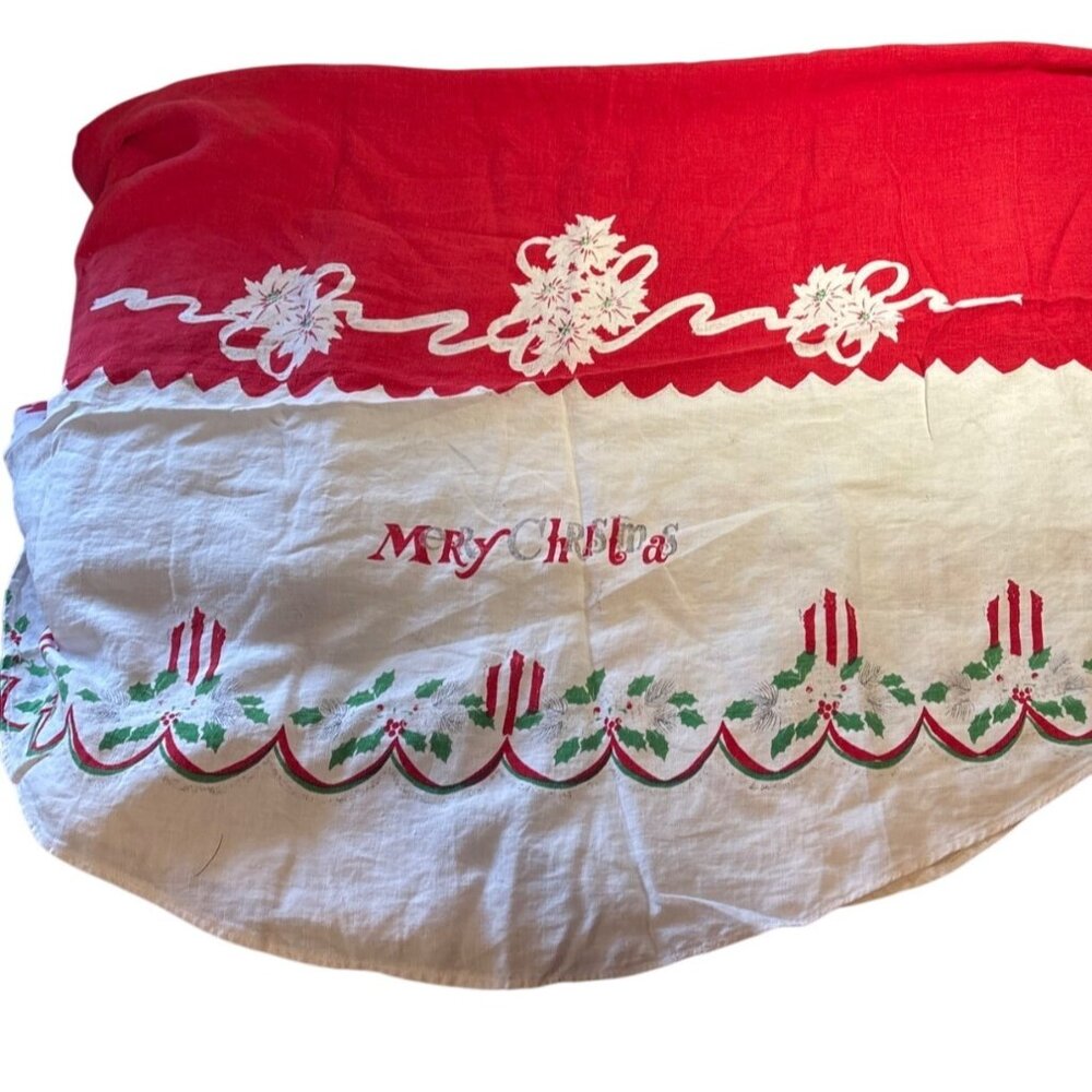 Vtg Christmas Tablecloth Round Red White Merry Christmas Candles Holly Tree 56"